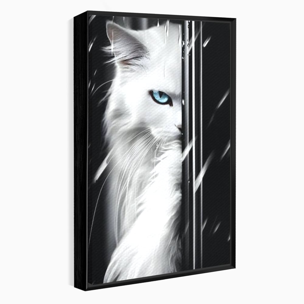 Tablou canvas cu tablou canvas cu pisica alba si ochi albastri, in rama de aluminiu negru